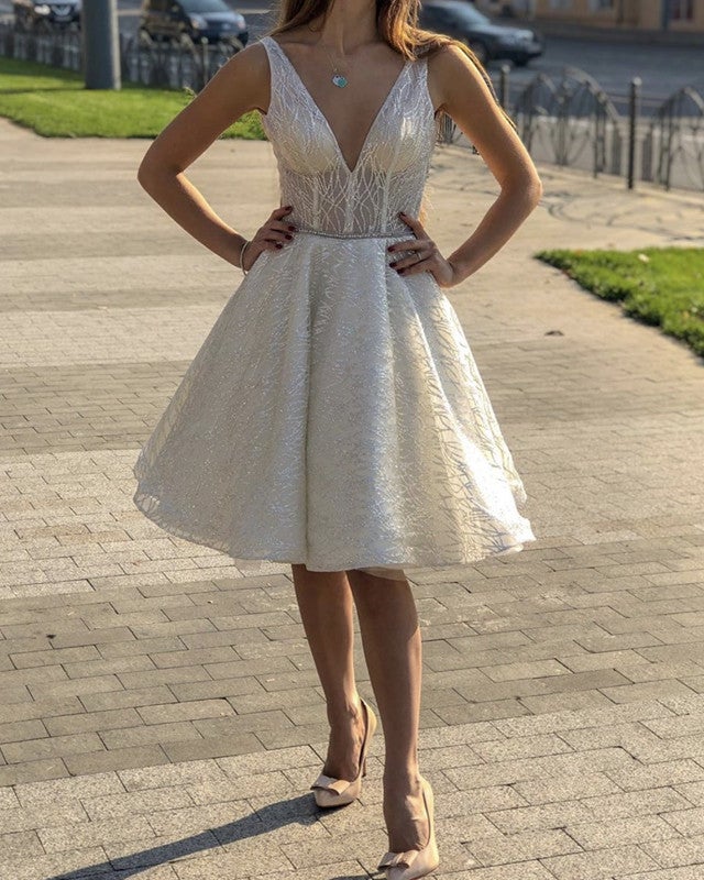 Short Sequins Wedding Dress V Neck Corset-alinanova