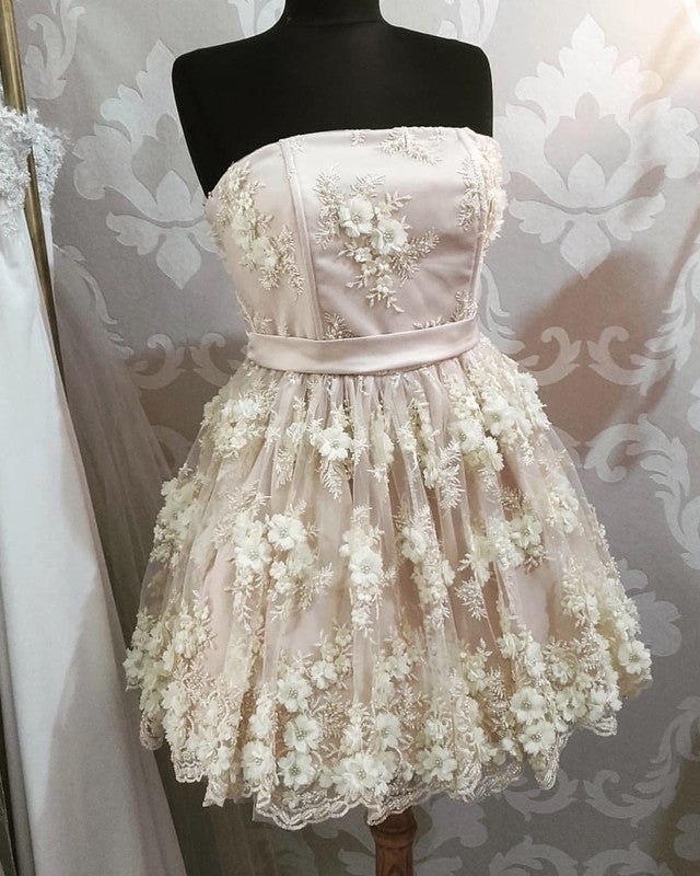 Short Strapless Homecoming Dresses With 3D Lace Flowers Short Strapless Homecoming Dresses With 3D Lace Flowers
