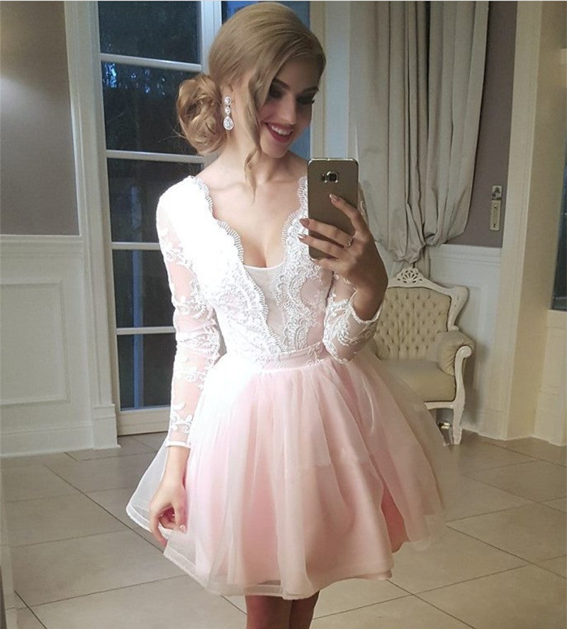 Long Sleeves Prom Short Dresses Lace Appliques Homecoming Dresses alinanova Long Sleeves Prom Short Dresses Lace Appliques Homecoming Dresses alinanova