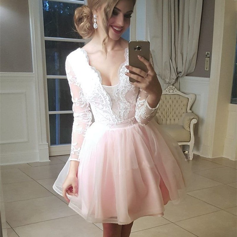 Short Tulle Plunge Neck Homecoming Dresses Lace Appliques Long Sleeves-alinanova