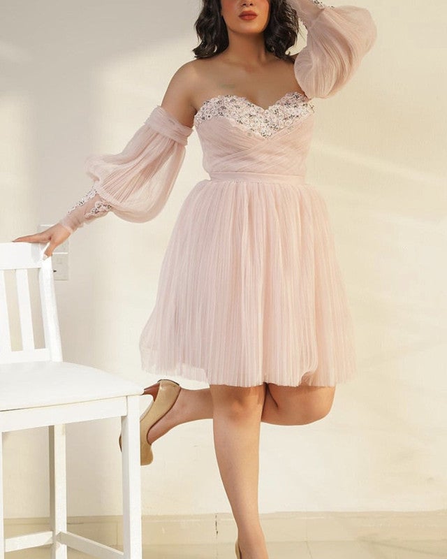 mini tulle prom dress long sleeves tulle prom short dresses strapless – alinanova