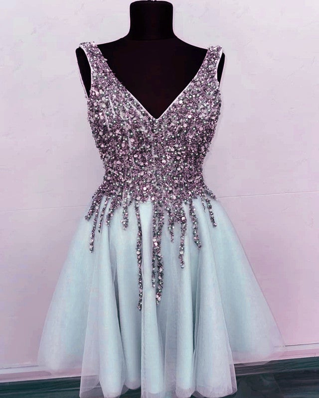 Short Tulle Prom Homecoming Dresses V Neck Sequin Beaded