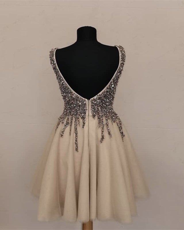 Short Tulle Prom Homecoming Dresses V Neck Sequin Beaded  alinanova