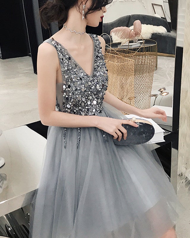 women's homecoming dress Silver Homecoming Dresses V Neck Sequin Beaded – alinanova
