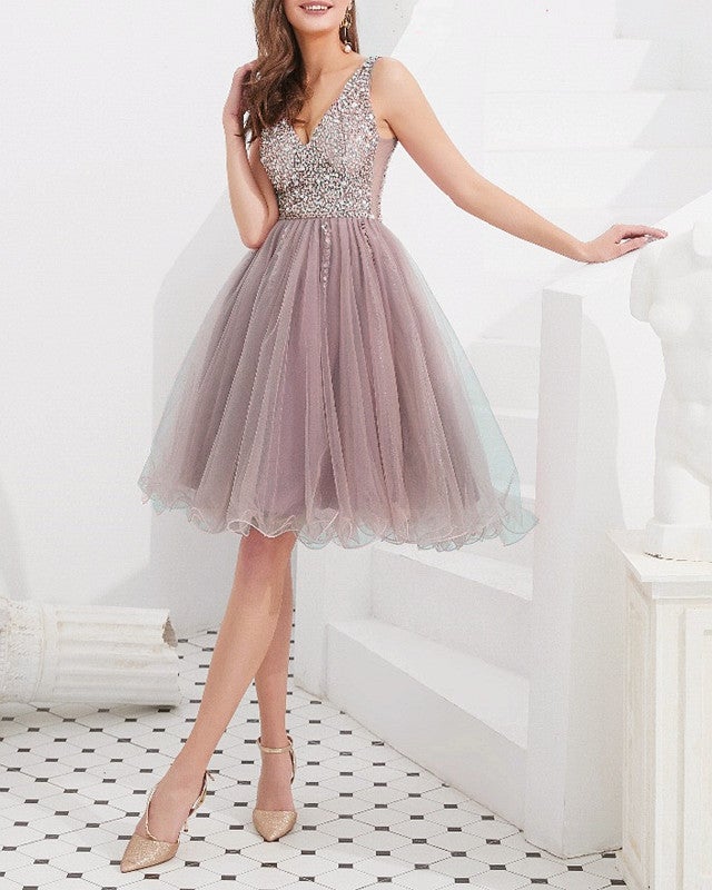 Short Nude And Peach Tulle Homecoming Dresses