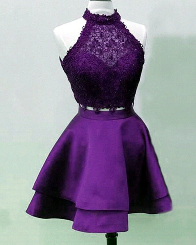 purple two piece homecoming dress Round Neck Two Pieces Beaded Purple Short Prom Dresses Homecoming Dres   Shiny Party