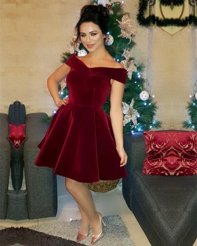 Short Velvet V-neck Homecoming Dresses Off Shoulder Cocktail Party Dress Short Velvet V-neck Homecoming Dresses Off Shoulder Cocktail Party Dress