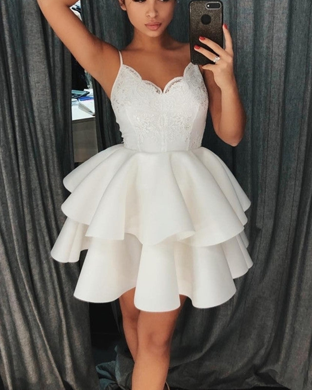 short white prom dresses 2020 A line round neck white short prom dresses, Short white high low formal graduation homecoming dress
