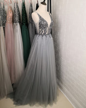 Load image into Gallery viewer, Tulle Split Dresses Crystal Beaded V Neck-alinanova

