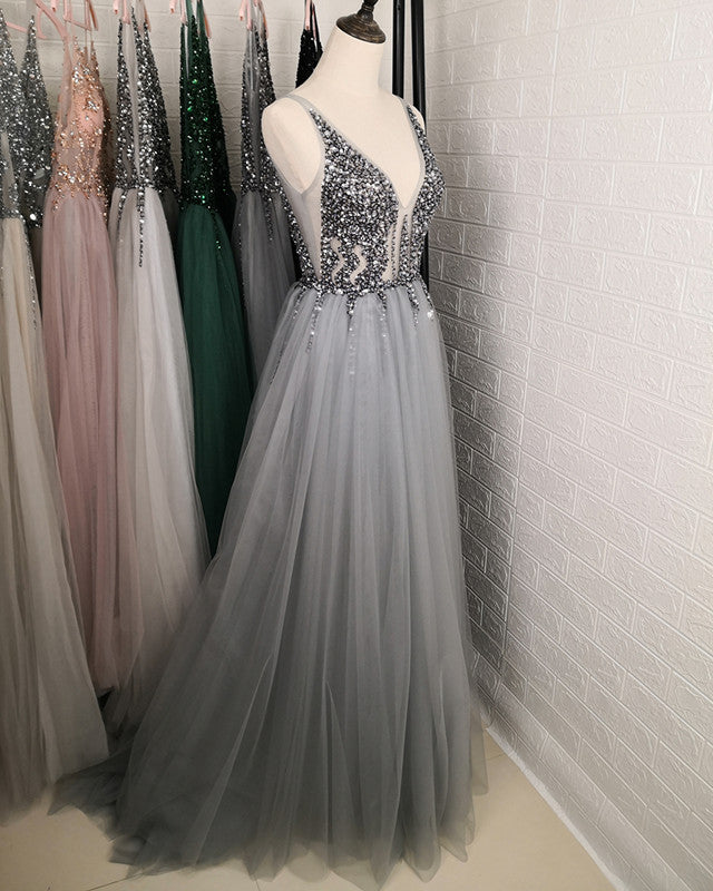 Tulle Split Dresses Crystal Beaded V Neck-alinanova