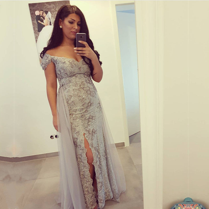 Silver Lace Off The Shoulder Mermaid Prom Dresses With Slit-alinanova