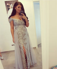 Load image into Gallery viewer, Silver Lace Off The Shoulder Mermaid Prom Dresses With Slit
