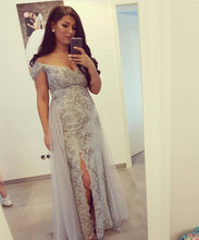 Load image into Gallery viewer, Silver Lace Off The Shoulder Mermaid Prom Dresses With Slit

