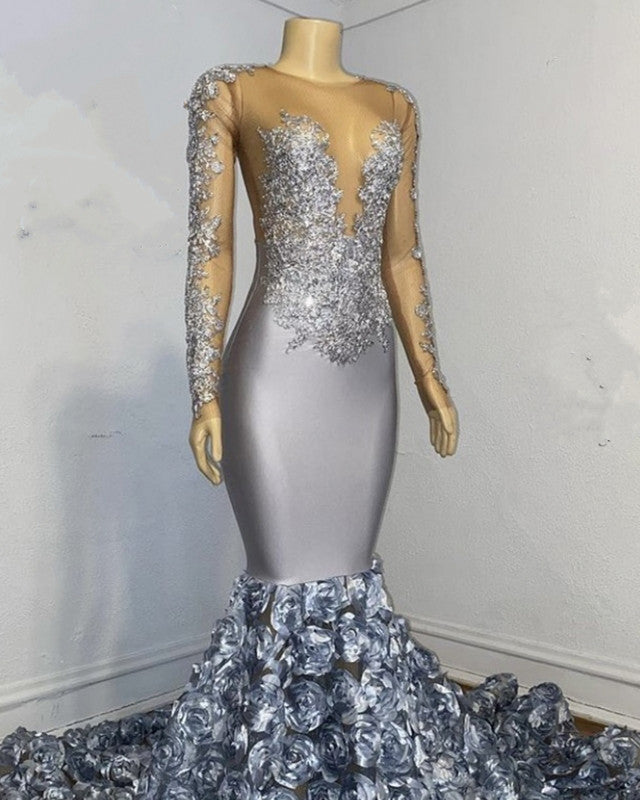 Silver Rosette Long Sleeve Mermaid Prom Dresses