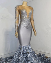 Load image into Gallery viewer, Silver Rosette Long Sleeve Mermaid Prom Dresses
