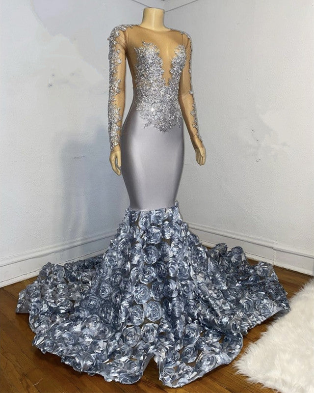 Silver Rosette Long Sleeve Mermaid Prom Dresses