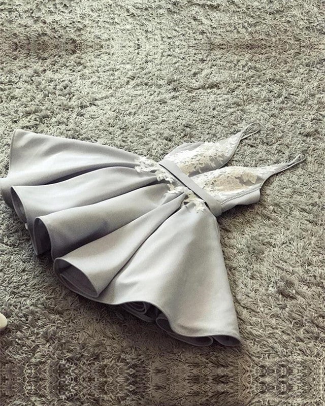 Silver Satin V Neck Homecoming Dresses Lace Appliques Prom Short Dress Silver Satin V Neck Homecoming Dresses Lace Appliques Prom Short Dress