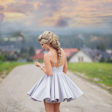 Load image into Gallery viewer, Silver Satin V-neck Homecoming Dresses Short Lace Appliques Prom Gowns
