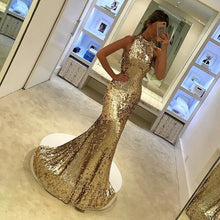 Load image into Gallery viewer, Silver Sequins Halter Long Mermaid Evening Gowns

