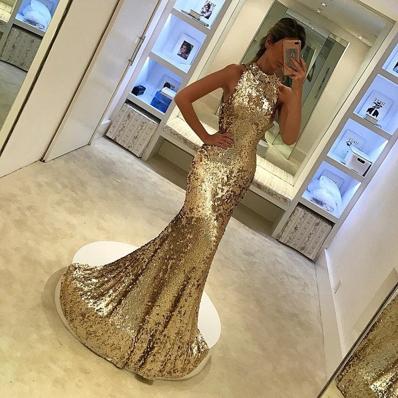 Silver Sequins Halter Long Mermaid Evening Gowns