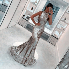 Load image into Gallery viewer, Silver Sequins Halter Long Mermaid Evening Gowns

