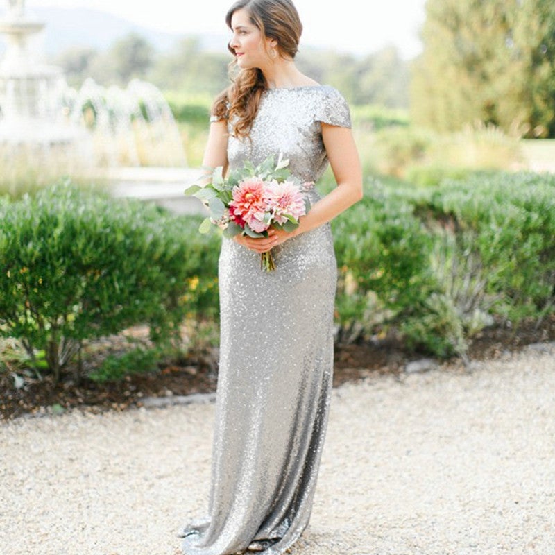 Silver Sequins Long Bridesmaid Dresses Ruffles Back Silver Sequins Long Bridesmaid Dresses Ruffles Back