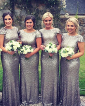 Load image into Gallery viewer, Long-Silver-Sequins-Bridesmaid-Dress-Mermaid-Evening-Party-Gowns
