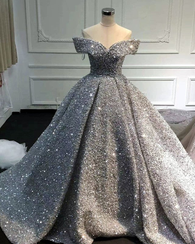 silver ball dress Silver Wedding Dress Sequins Ball Gown Off Shoulder