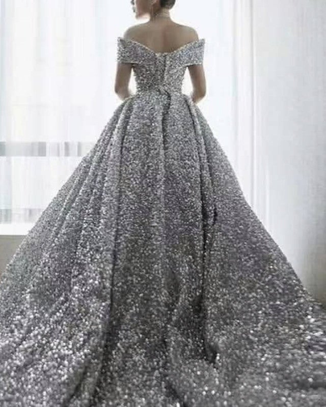 Silver Wedding Dress Sequins Ball Gown Off Shoulder Silver Wedding Dress Sequins Ball Gown Off Shoulder