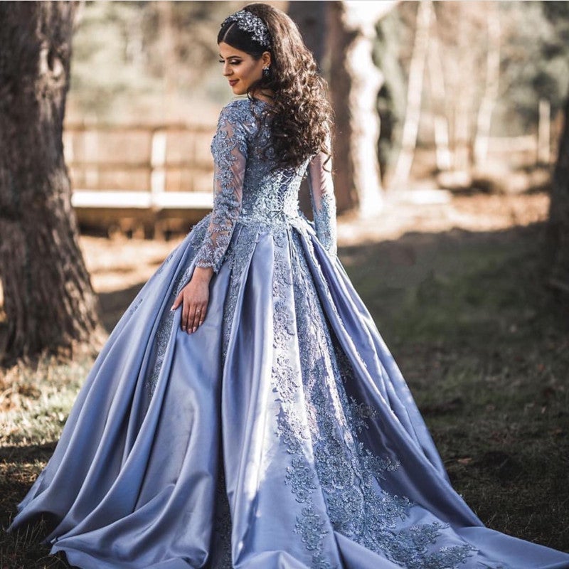 Silver Wedding Dresses Ball Gowns Lace Long Sleeves
