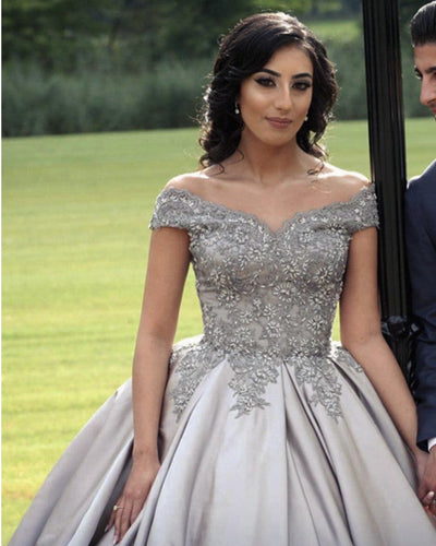 Silver Wedding Dresses Satin Ball Gown Lace Beaded Off Shoulder-alinanova