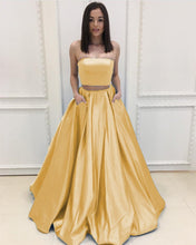 Load image into Gallery viewer, Simple Satin Strapless Ball Gowns Two Piece Prom Dresses With Pocket

