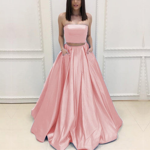 Simple Satin Strapless Ball Gowns Two Piece Prom Dresses With Pocket-alinanova