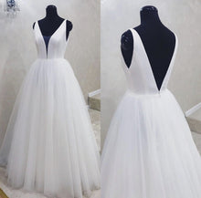 Load image into Gallery viewer, Simple Satin V-neck Tulle Floor Length Wedding Dresses
