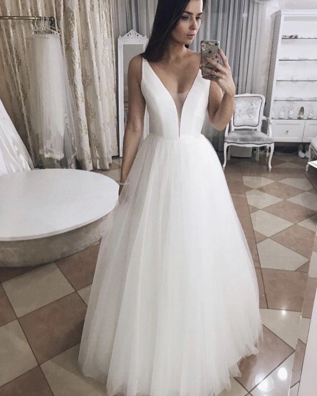 Simple Satin V-neck Tulle Floor Length Wedding Dresses-alinanova