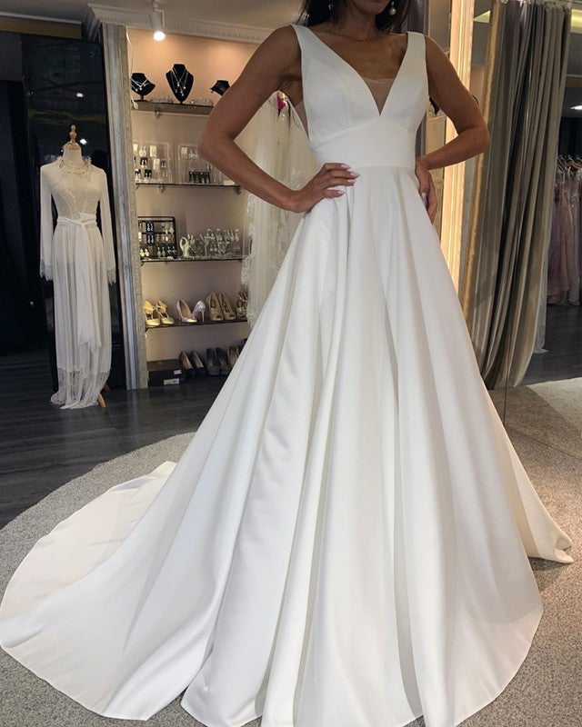 Simple Wedding Dress Satin V Neck Backless For Bride – alinanova