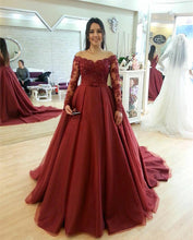 Load image into Gallery viewer, Skin Color Neckline Long Burgundy Prom Dresses Ball Gowns Lace Long Sleeves
