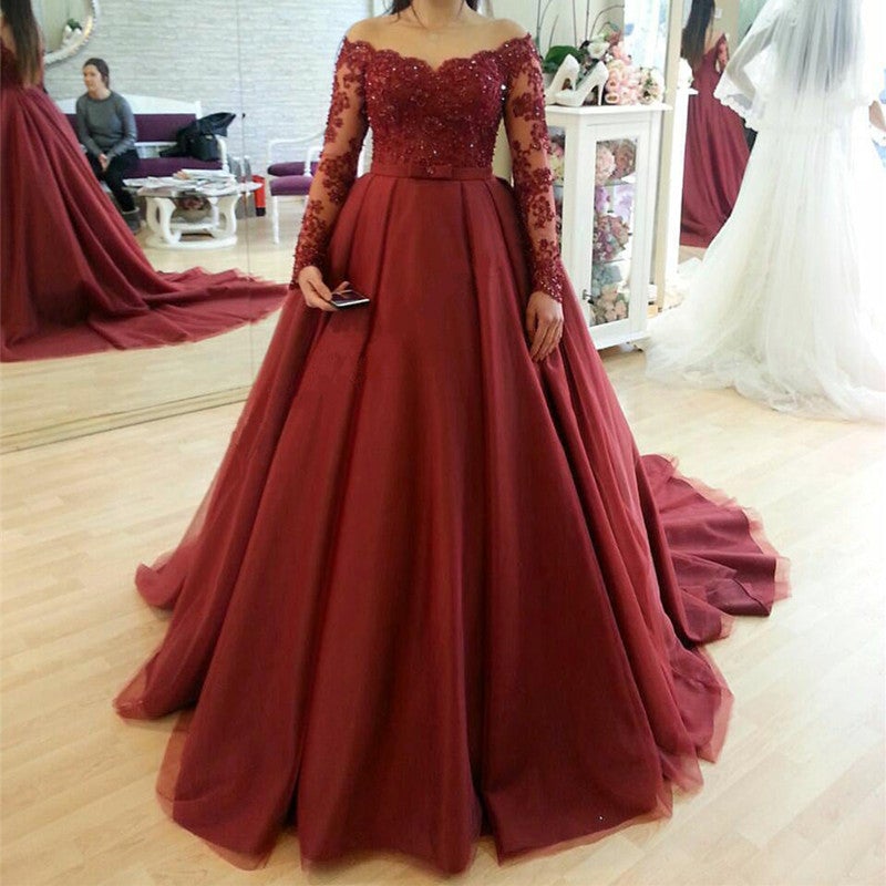 Skin Color Neckline Long Burgundy Prom Dresses Ball Gowns Lace Long Sleeves-alinanova