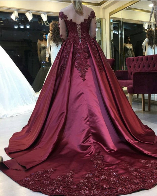 burgundy wedding dress bride Ball Gown Burgundy Satin Wedding Dresses Off the Shoulder Bridal Wear US6 / Same as Picture