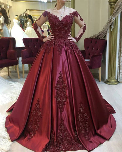 3126 Wedding Dresses Maroon Lace Long Sleeves