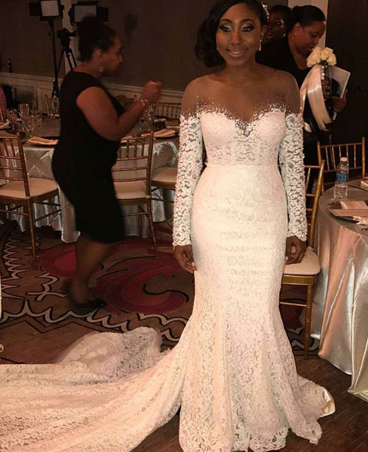 Skin Color Tulle Neck Long Sleeves Lace Mermaid Chapel Train Wedding Dresses Skin Color Tulle Neck Long Sleeves Lace Mermaid Chapel Train Wedding Dresses