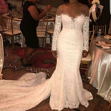 Load image into Gallery viewer, Skin Color Tulle Neck Long Sleeves Lace Mermaid Chapel Train Wedding Dresses-alinanova
