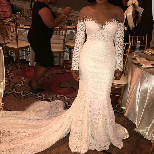 Skin Color Tulle Neck Long Sleeves Lace Mermaid Chapel Train Wedding Dresses-alinanova