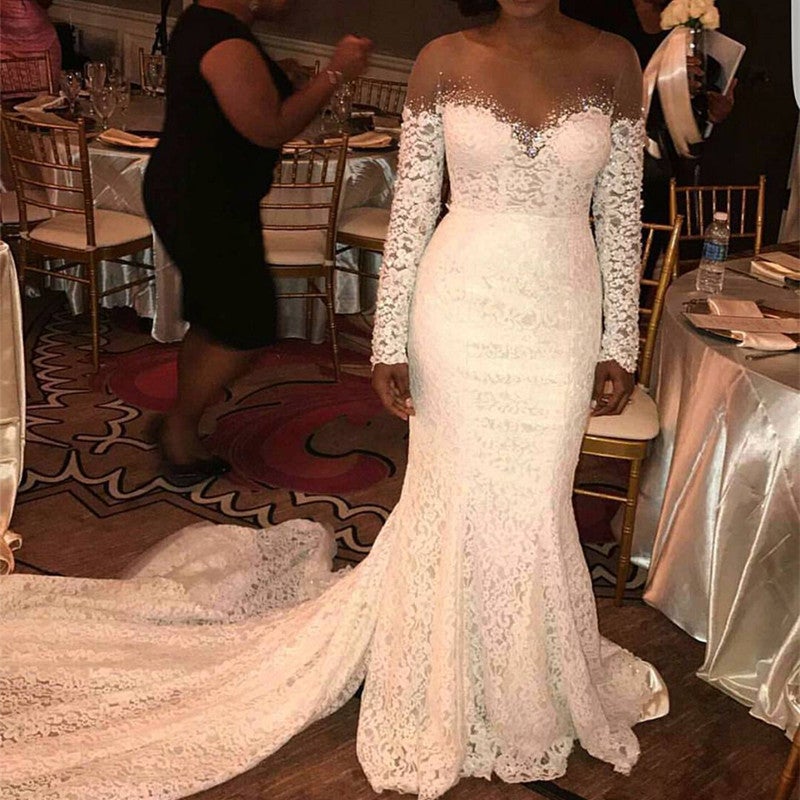 Skin Color Tulle Neck Long Sleeves Lace Mermaid Chapel Train Wedding Dresses-alinanova