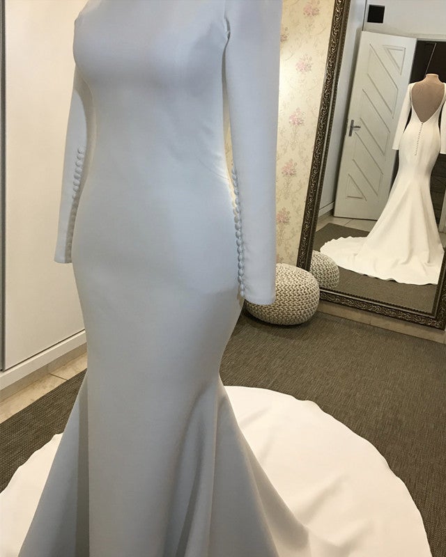 Sleek Long Sleeve Wedding Dress Mermaid Satin Open Back