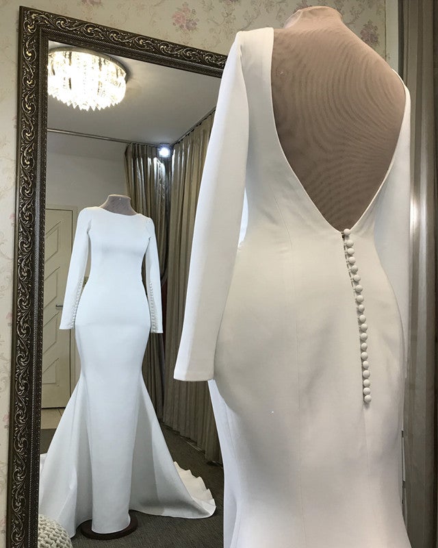fitted lace wedding dress Sleek Long Sleeve Wedding Dress Mermaid Satin Open Back