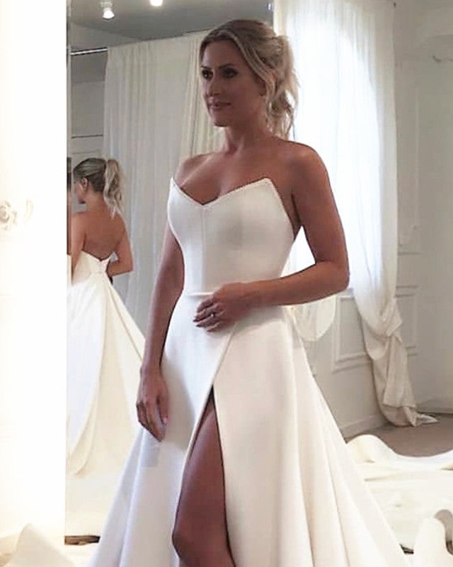 Sleek Satin Strapless Corset Satin Wedding Dress Split Sleek Satin Strapless Corset Satin Wedding Dress Split