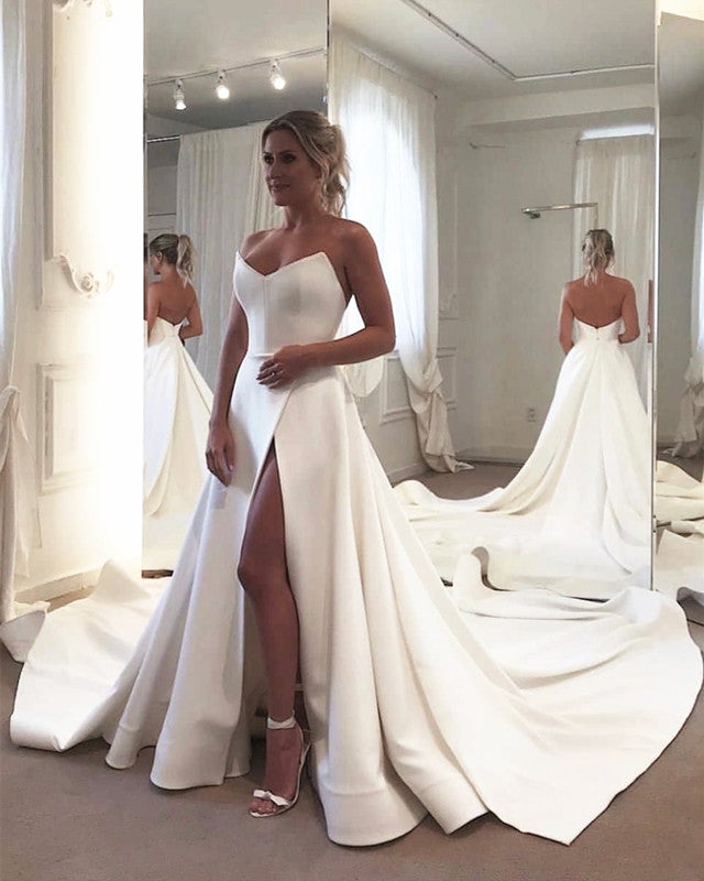 Sleek Satin Strapless Corset Satin Wedding Dress Split Sleek Satin Strapless Corset Satin Wedding Dress Split