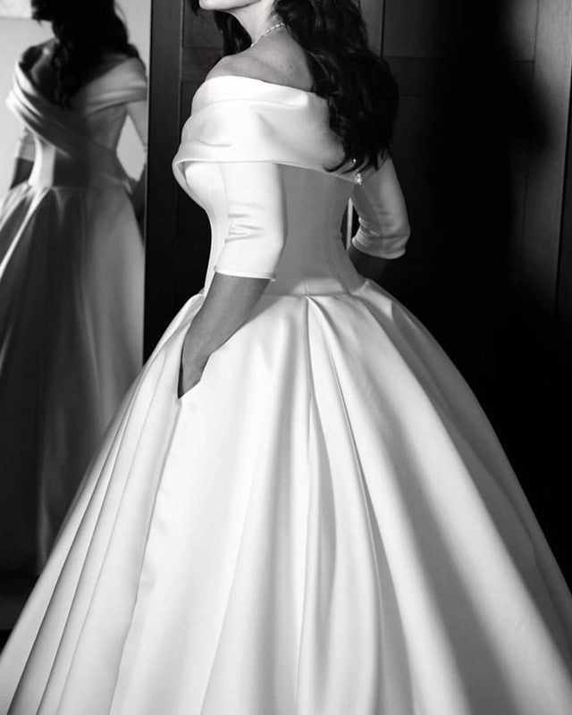 Sleeved Ball Gown Satin Wedding Dress With Pockets-alinanova