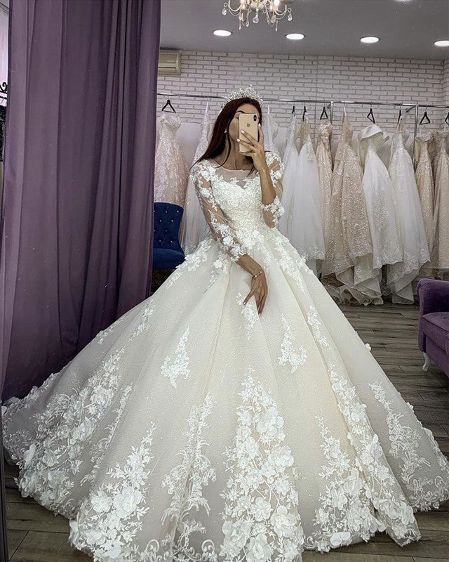 Sleeved Ball Gown Wedding Dresses 3D Floral Lace Flowers